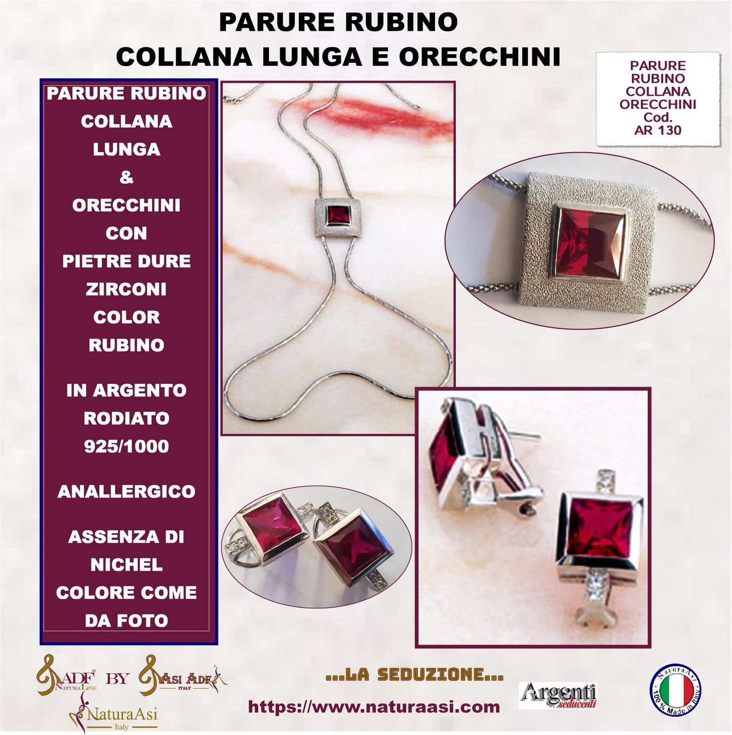 AR RUBINO PARURE  COLLANA LUNGA E ORECCHINI IN ARGENTO RODIATO 925/1000  ANALLERGICO ZIRCONI COLOR RUBINO