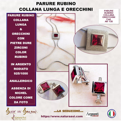 AR RUBINO PARURE  COLLANA LUNGA E ORECCHINI IN ARGENTO RODIATO 925/1000  ANALLERGICO ZIRCONI COLOR RUBINO