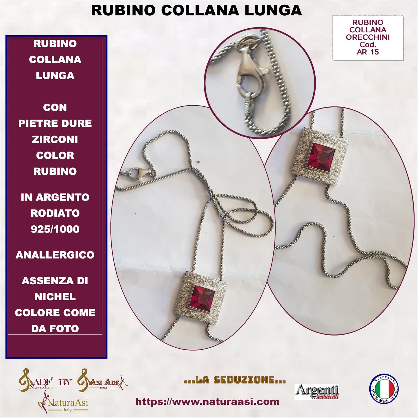 AR RUBINO PARURE  COLLANA LUNGA E ORECCHINI IN ARGENTO RODIATO 925/1000  ANALLERGICO ZIRCONI COLOR RUBINO