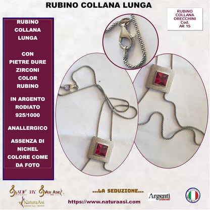 AR RUBINO PARURE  COLLANA LUNGA E ORECCHINI IN ARGENTO RODIATO 925/1000  ANALLERGICO ZIRCONI COLOR RUBINO