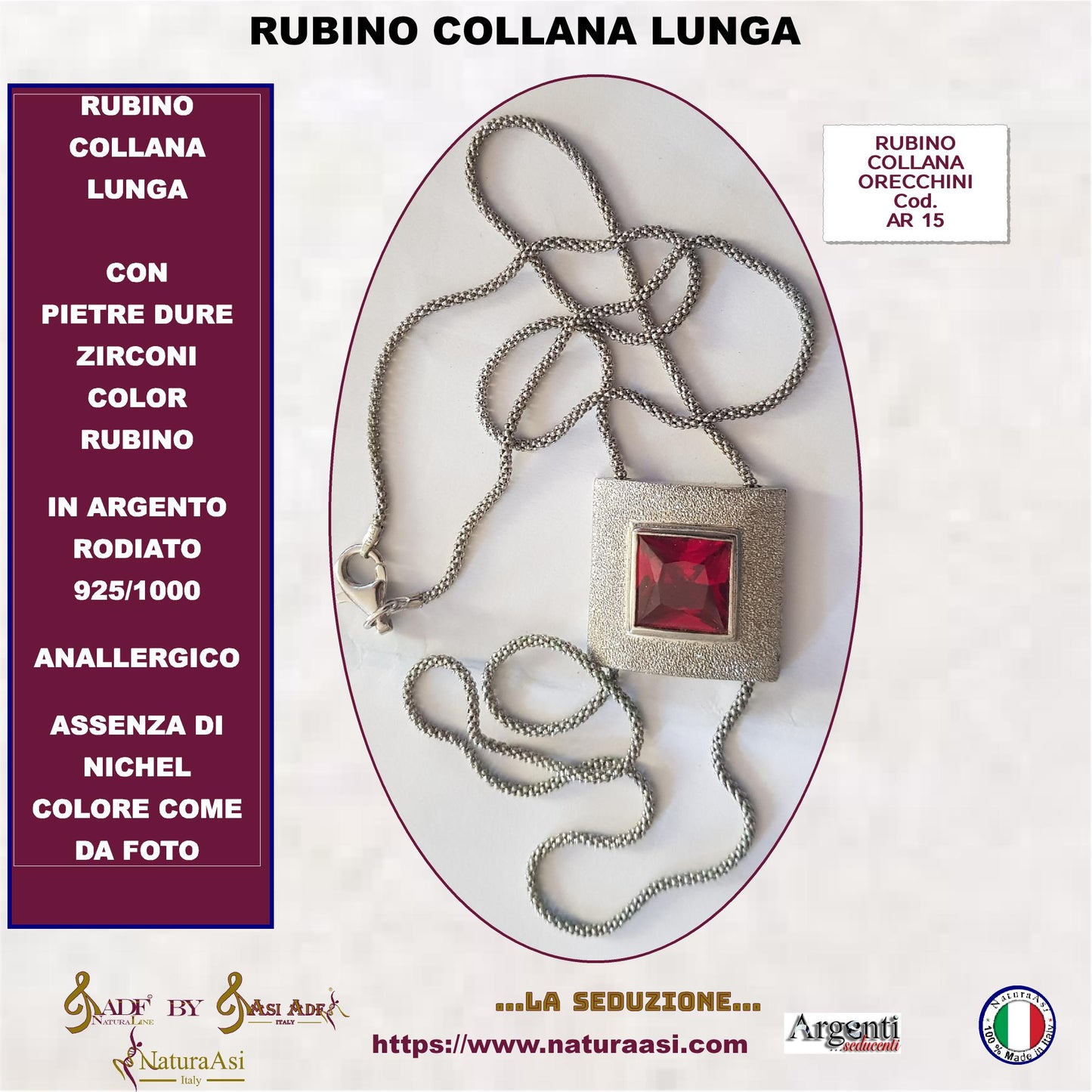 AR RUBINO PARURE  COLLANA LUNGA E ORECCHINI IN ARGENTO RODIATO 925/1000  ANALLERGICO ZIRCONI COLOR RUBINO