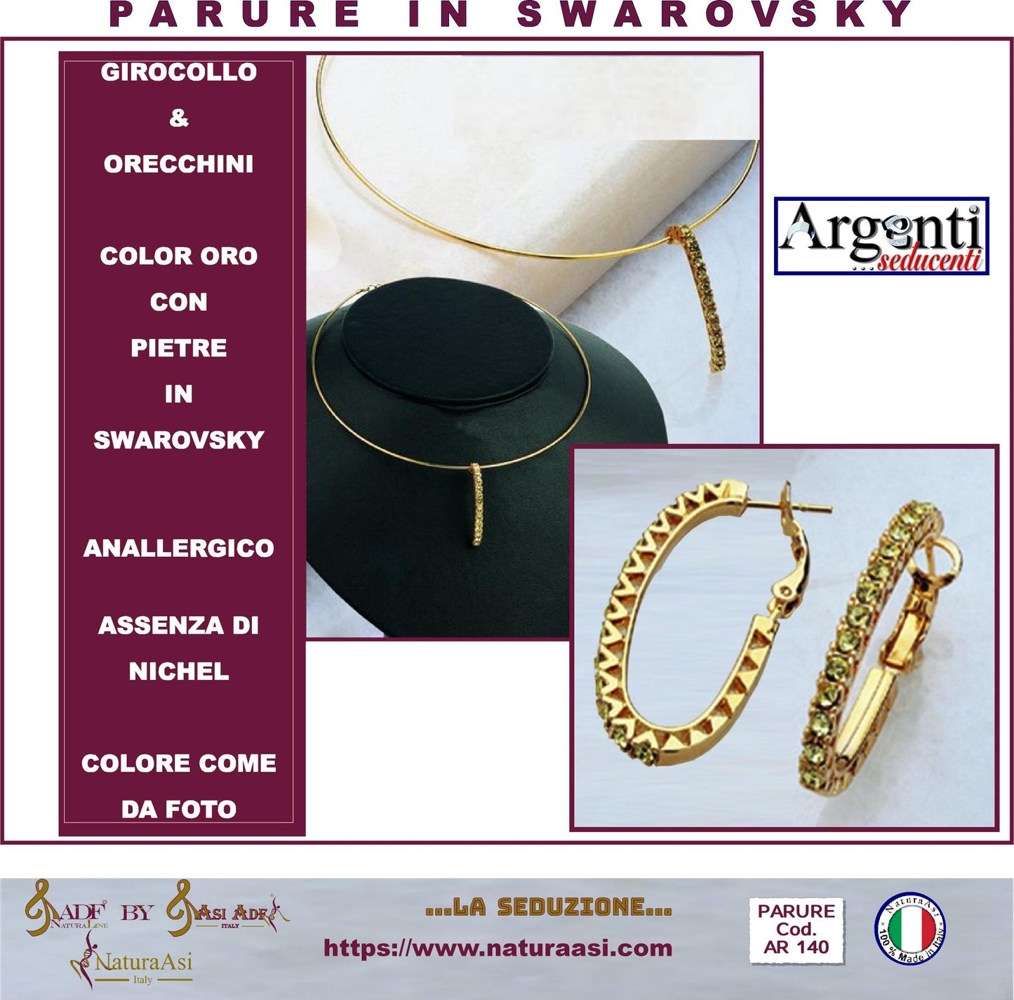 AR PARURE GIROCOLLO & ORECCHINI   COLOR ORO CON PIETRE  IN SWAROVSKY