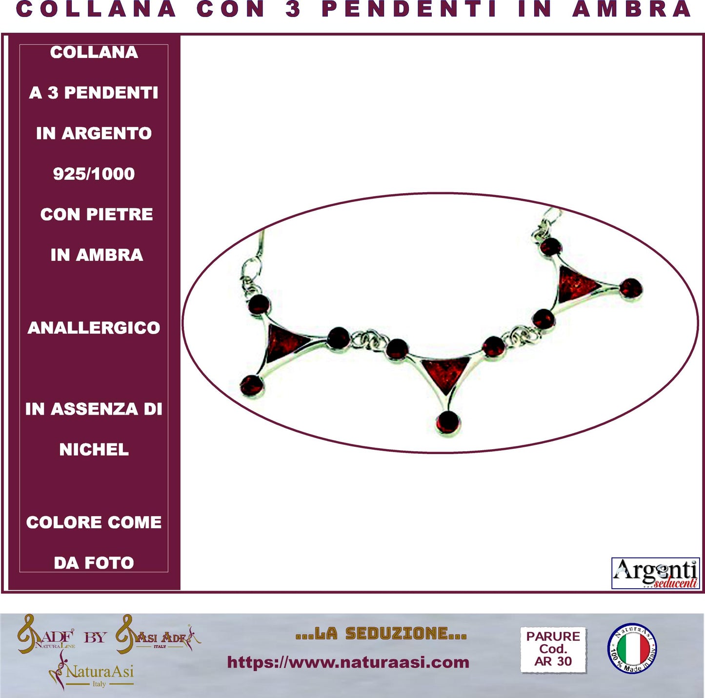 AR COLLANA A 3 PENDENTI  IN ARGENTO 925/1000 CON PIETRE IN AMBRA