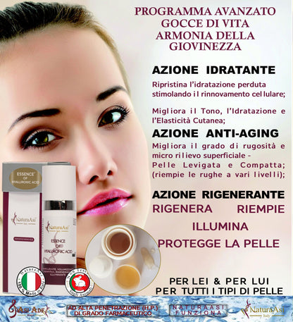 ESSENCE OF HYALURONIC ACID NaturaAsi™ 15ml RIMPOLPANTE, VOLUMIZZANTE, RIEMPITIVA, RIGENERANTE E ILLUMINANTE -azione antiossidante Acido Ialuronico (HA) a diverso peso molecolare: