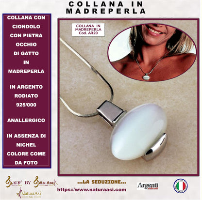 AR COLLANA CON CIONDOLO CON PIETRA OCCHIO DI GATTO  IN MADREPERLA IN ARGENTO RODIATO 925/000 ANALLERGICO  NICHEL FREE