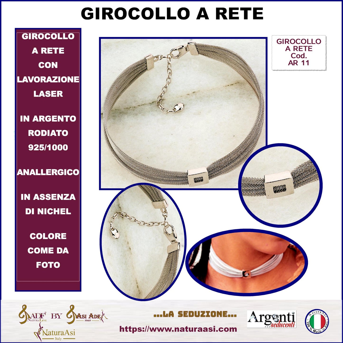 AR PARURE GIROCOLLO & BRACCIALE  A RETE CON LAVORAZIONE LASER IN ARGENTO RODIATO 925/1000 ANALLERGICO  NICHEL FREE