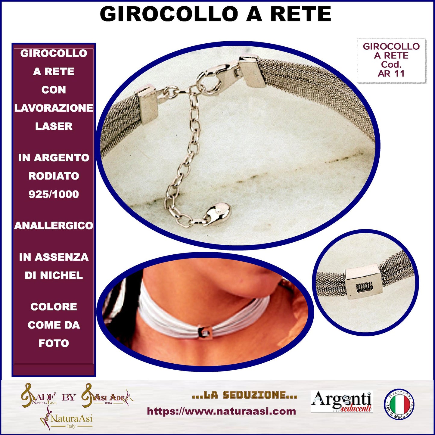 AR GIROCOLLO A RETE CON LAVORAZIONE LASER ARGENTO RODIATO 925/1000 ANALLERGICO NICHEL FREE