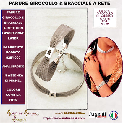 AR PARURE GIROCOLLO & BRACCIALE  A RETE CON LAVORAZIONE LASER IN ARGENTO RODIATO 925/1000 ANALLERGICO  NICHEL FREE