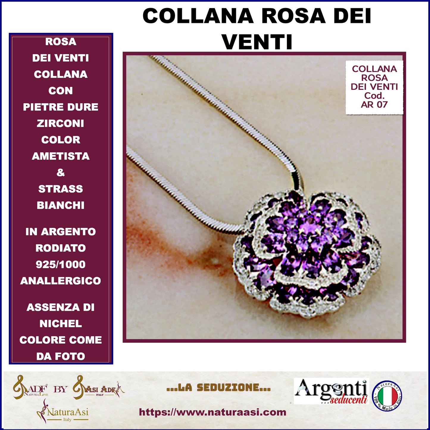 AR COLLANA ROSA DEI VENTI ZIRCONI AMETISTA STRASS BIANCHI NICHEL FREE ARGENTO RODIATO 925/1000 SEDUZIONE