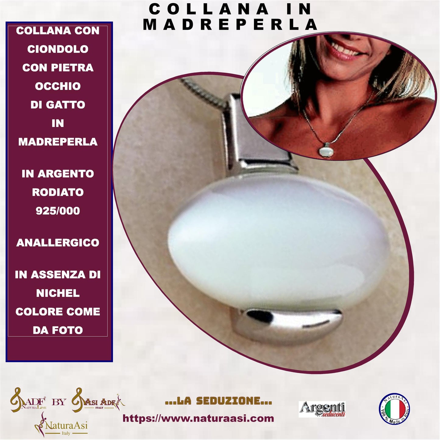 AR COLLANA CON CIONDOLO CON PIETRA OCCHIO DI GATTO  IN MADREPERLA IN ARGENTO RODIATO 925/000 ANALLERGICO  NICHEL FREE