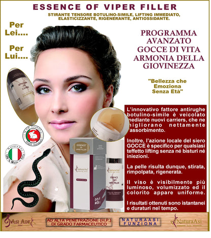 ESSENCE OF VIPER FILLER RIEPITELIZZANTE NaturaAsi™ 15ml -è stirante con effetto tensore;  -contrasta le rughe d'espressione;  -posticipa la comparsa delle rughe;  -stimola il rinnovamento cellulare cutaneo;-tonifica e compatta.