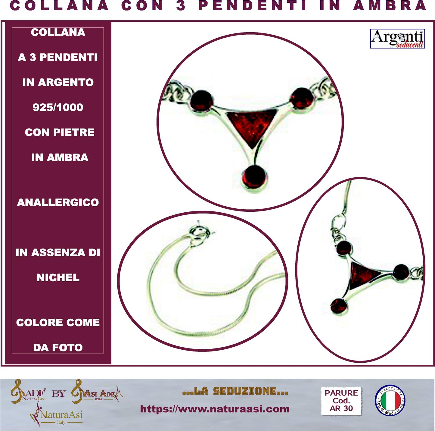 AR COLLANA A 3 PENDENTI  IN ARGENTO 925/1000 CON PIETRE IN AMBRA