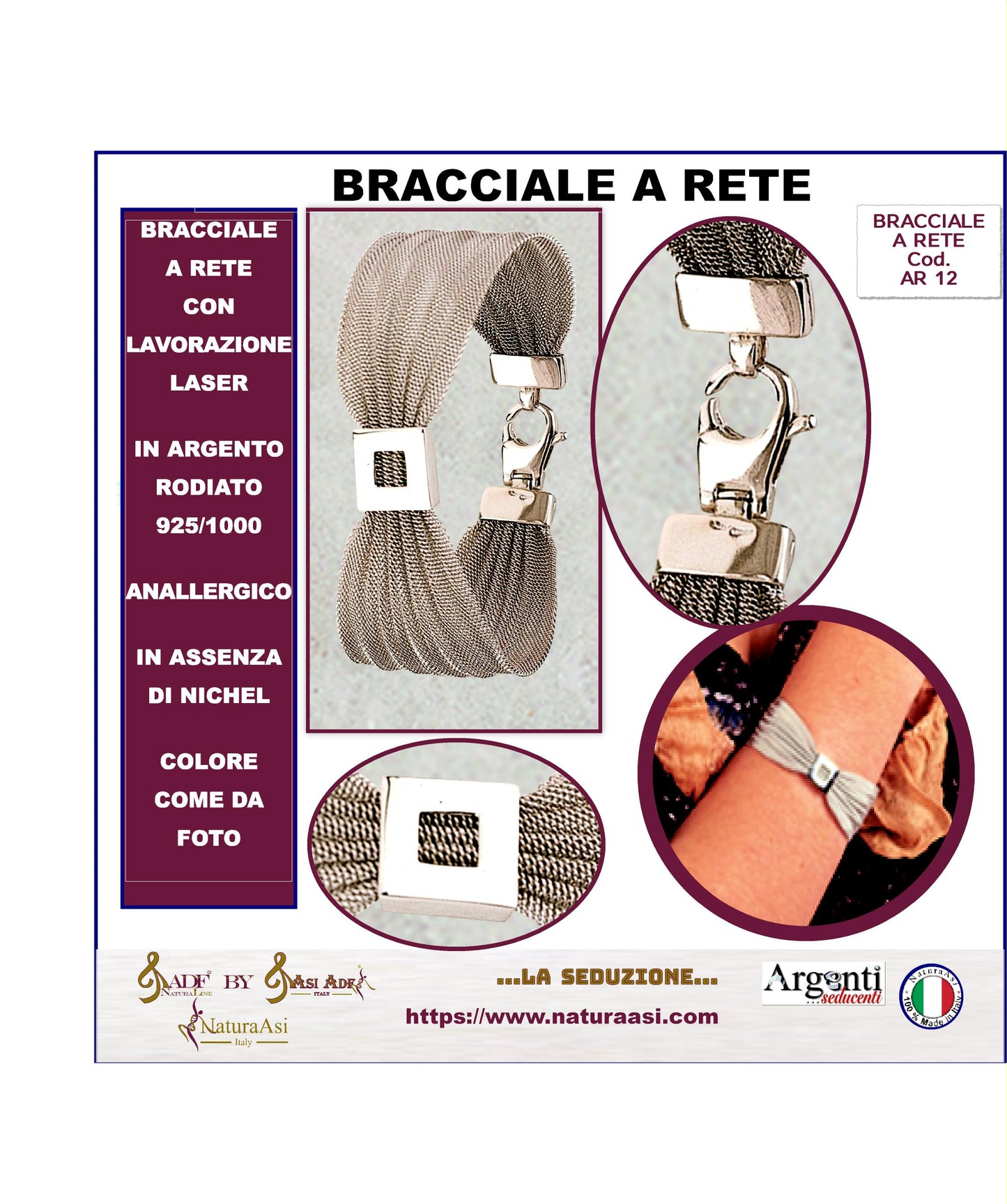 AR PARURE GIROCOLLO & BRACCIALE  A RETE CON LAVORAZIONE LASER IN ARGENTO RODIATO 925/1000 ANALLERGICO  NICHEL FREE