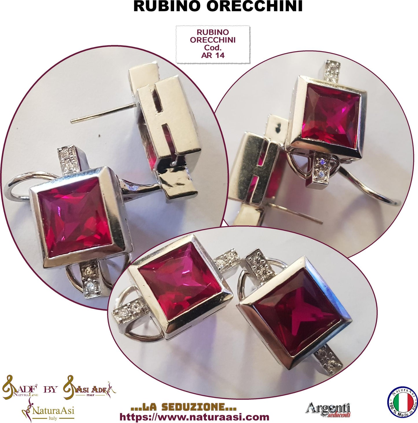 AR RUBINO PARURE  COLLANA LUNGA E ORECCHINI IN ARGENTO RODIATO 925/1000  ANALLERGICO ZIRCONI COLOR RUBINO