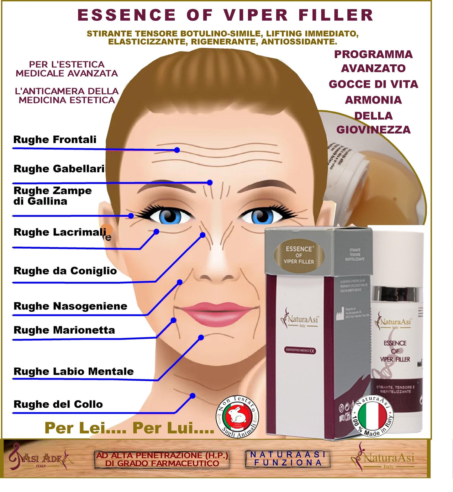 ESSENCE OF VIPER FILLER RIEPITELIZZANTE NaturaAsi™ 15ml -è stirante con effetto tensore;  -contrasta le rughe d'espressione;  -posticipa la comparsa delle rughe;  -stimola il rinnovamento cellulare cutaneo;-tonifica e compatta.