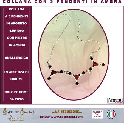 AR COLLANA A 3 PENDENTI  IN ARGENTO 925/1000 CON PIETRE IN AMBRA