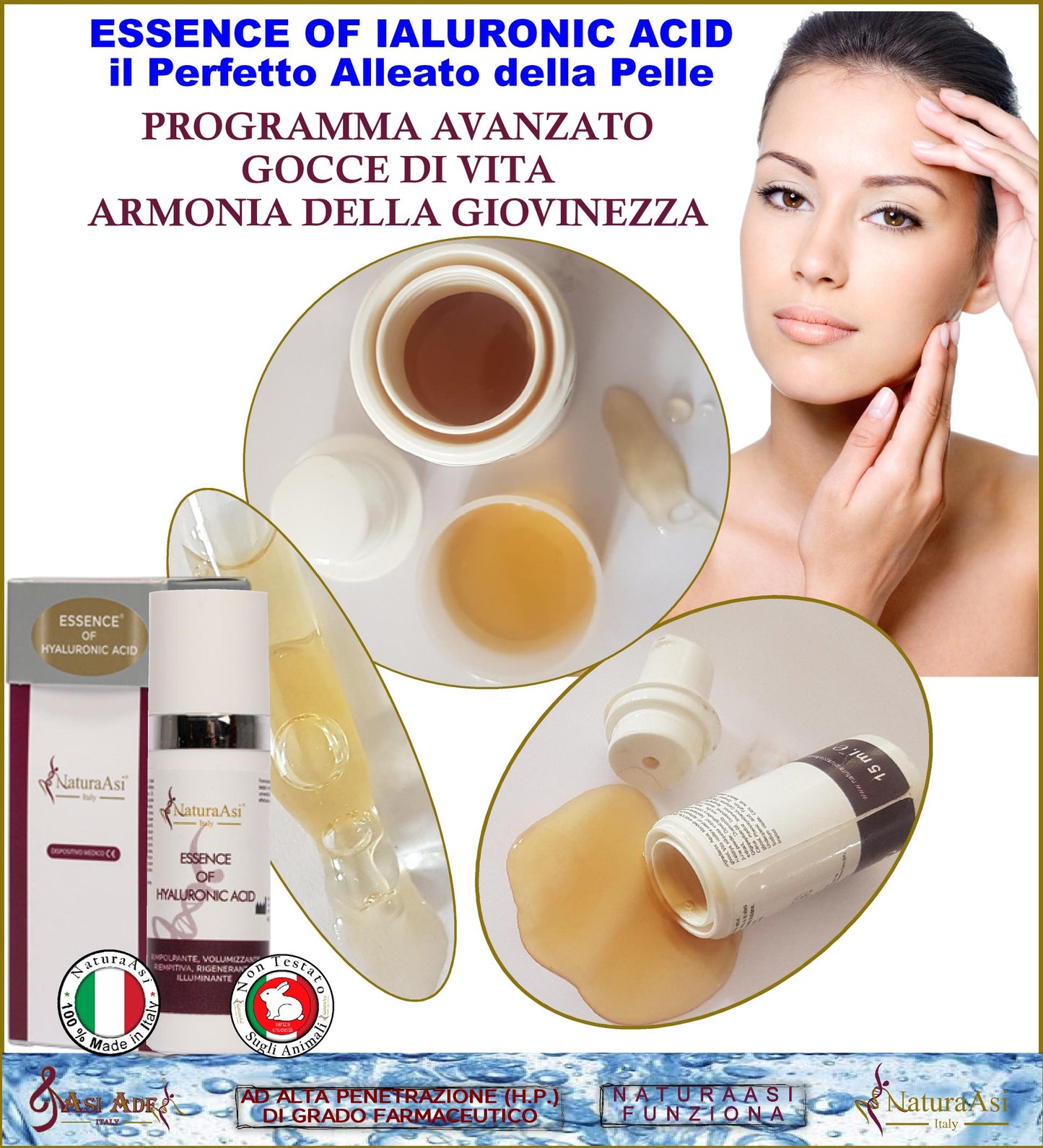 ESSENCE OF HYALURONIC ACID NaturaAsi™ 15ml RIMPOLPANTE, VOLUMIZZANTE, RIEMPITIVA, RIGENERANTE E ILLUMINANTE -azione antiossidante Acido Ialuronico (HA) a diverso peso molecolare: