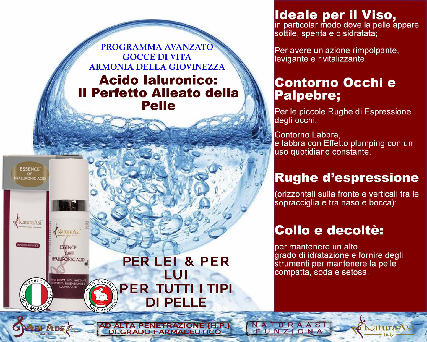 ESSENCE OF HYALURONIC ACID NaturaAsi™ 15ml RIMPOLPANTE, VOLUMIZZANTE, RIEMPITIVA, RIGENERANTE E ILLUMINANTE -azione antiossidante Acido Ialuronico (HA) a diverso peso molecolare: