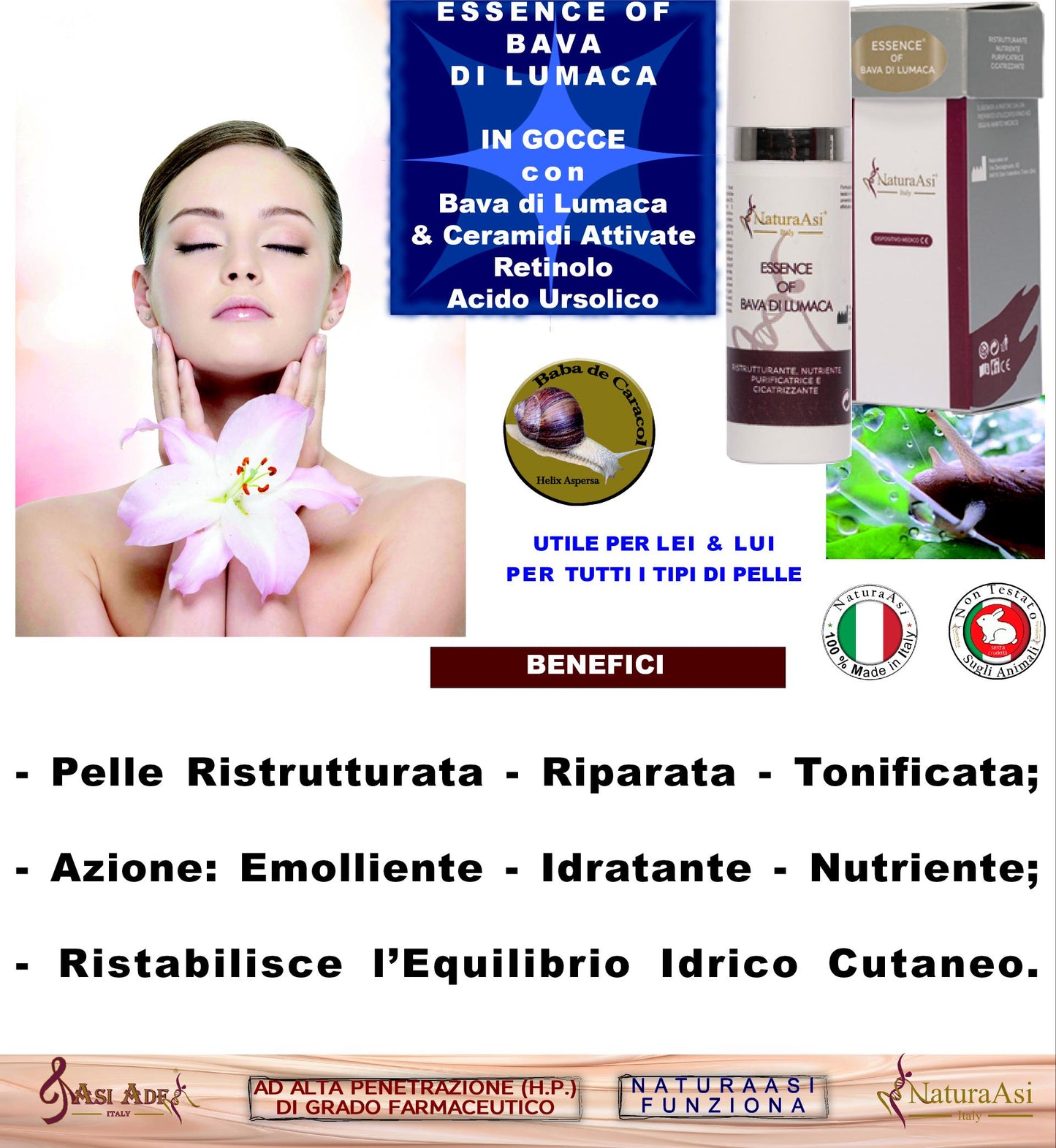 ESSENCE OF BAVA DI LUMACA NaturaAsi™ 15ml NATURAASI RISTRUTTURANTE, NUTRIENTE, PURIFICATRICE E CICATRIZZANTE riduce segni dell’acne; -contrasta le rughe e i segni d’espressione cicatrizzante  Bava di lumaca Ceramidi attivate