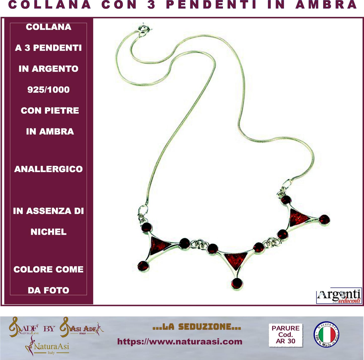 AR COLLANA A 3 PENDENTI  IN ARGENTO 925/1000 CON PIETRE IN AMBRA