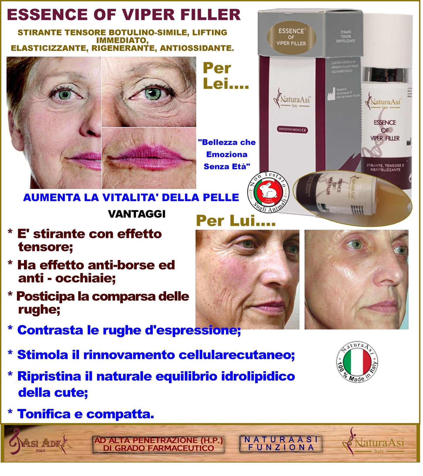 ESSENCE OF VIPER FILLER RIEPITELIZZANTE NaturaAsi™ 15ml -è stirante con effetto tensore;  -contrasta le rughe d'espressione;  -posticipa la comparsa delle rughe;  -stimola il rinnovamento cellulare cutaneo;-tonifica e compatta.