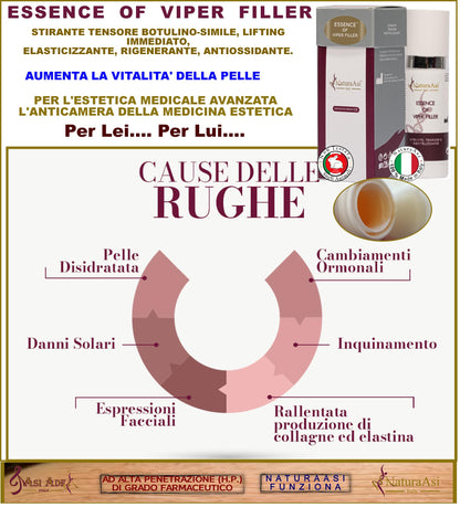 ESSENCE OF VIPER FILLER RIEPITELIZZANTE NaturaAsi™ 15ml -è stirante con effetto tensore;  -contrasta le rughe d'espressione;  -posticipa la comparsa delle rughe;  -stimola il rinnovamento cellulare cutaneo;-tonifica e compatta.