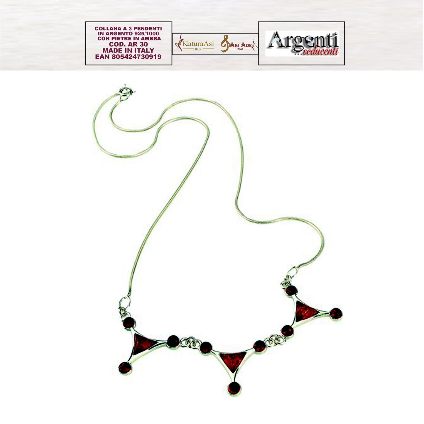 AR COLLANA A 3 PENDENTI  IN ARGENTO 925/1000 CON PIETRE IN AMBRA