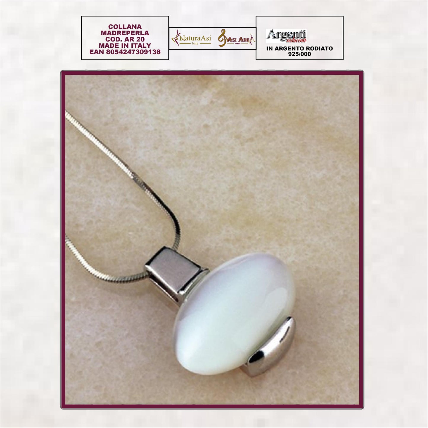 AR COLLANA CON CIONDOLO CON PIETRA OCCHIO DI GATTO  IN MADREPERLA IN ARGENTO RODIATO 925/000 ANALLERGICO  NICHEL FREE