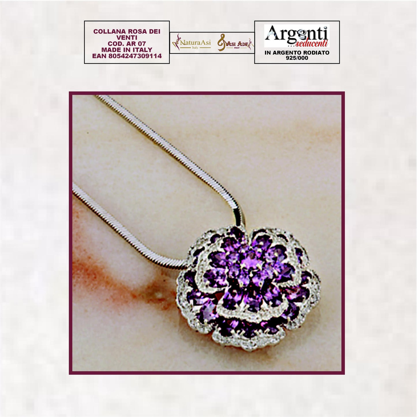 AR COLLANA ROSA DEI VENTI ZIRCONI AMETISTA STRASS BIANCHI NICHEL FREE ARGENTO RODIATO 925/1000 SEDUZIONE