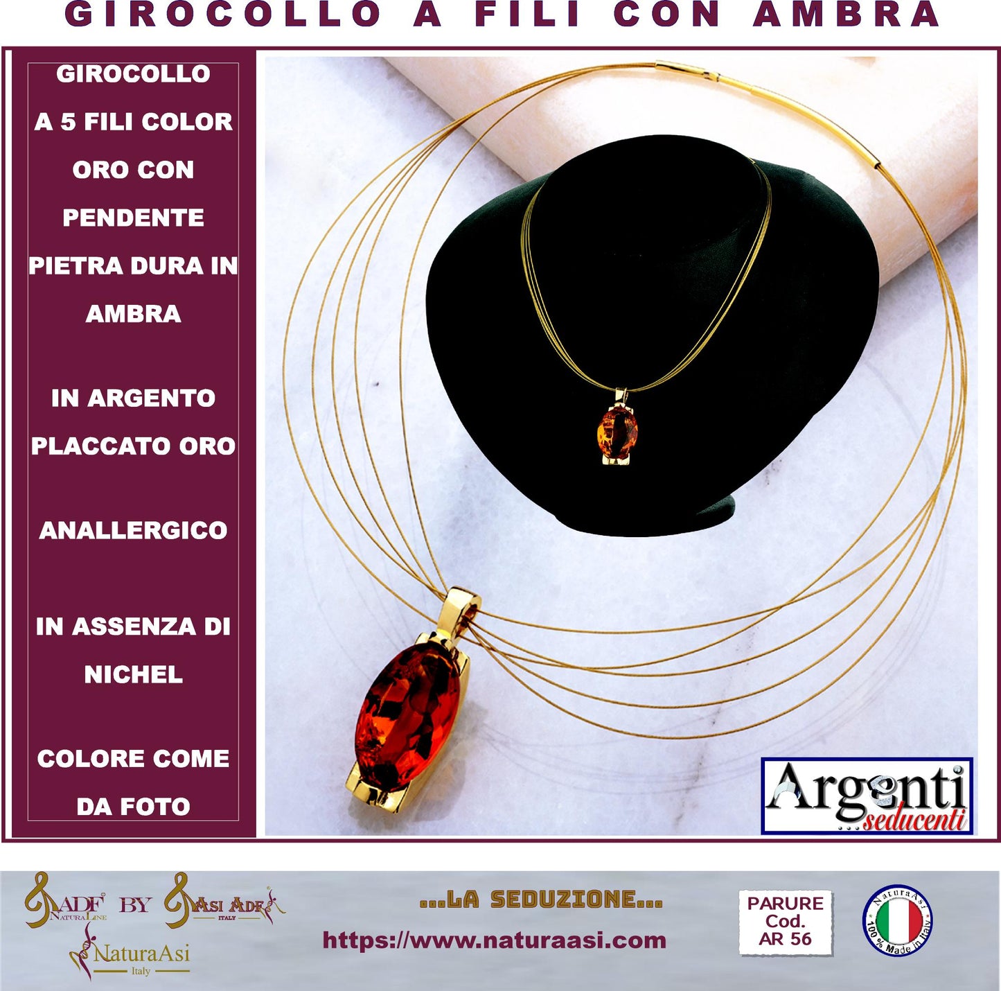 AR GIROCOLLO  A 5 FILI IN ARGENTO 925/1000 PLACCATO IN ORO CON PENDENTE  PIETRA DURA IN AMBRA