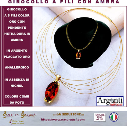 AR GIROCOLLO  A 5 FILI IN ARGENTO 925/1000 PLACCATO IN ORO CON PENDENTE  PIETRA DURA IN AMBRA