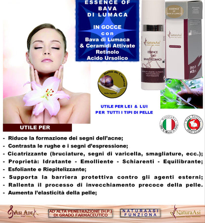 ESSENCE OF BAVA DI LUMACA NaturaAsi™ 15ml NATURAASI RISTRUTTURANTE, NUTRIENTE, PURIFICATRICE E CICATRIZZANTE riduce segni dell’acne; -contrasta le rughe e i segni d’espressione cicatrizzante  Bava di lumaca Ceramidi attivate