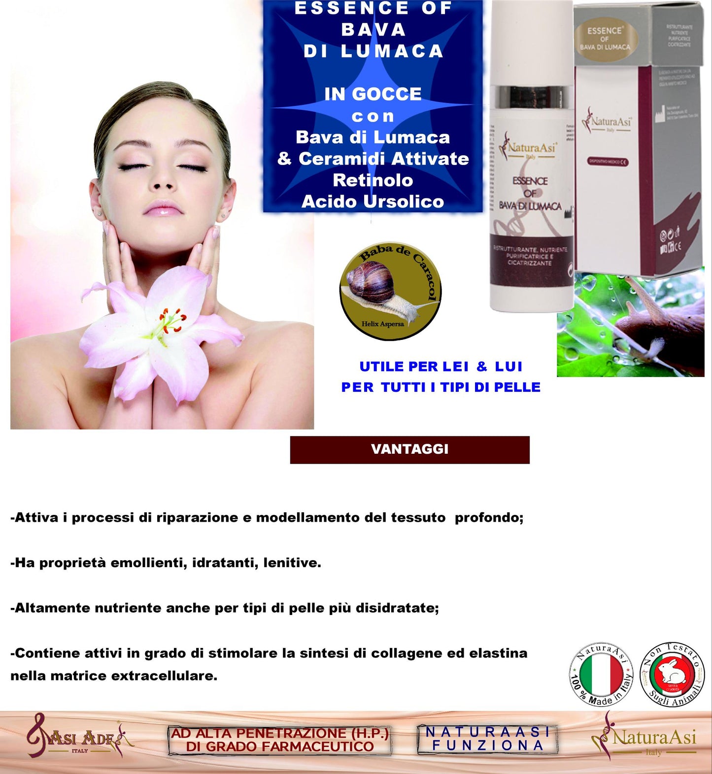 ESSENCE OF BAVA DI LUMACA NaturaAsi™ 15ml NATURAASI RISTRUTTURANTE, NUTRIENTE, PURIFICATRICE E CICATRIZZANTE riduce segni dell’acne; -contrasta le rughe e i segni d’espressione cicatrizzante  Bava di lumaca Ceramidi attivate