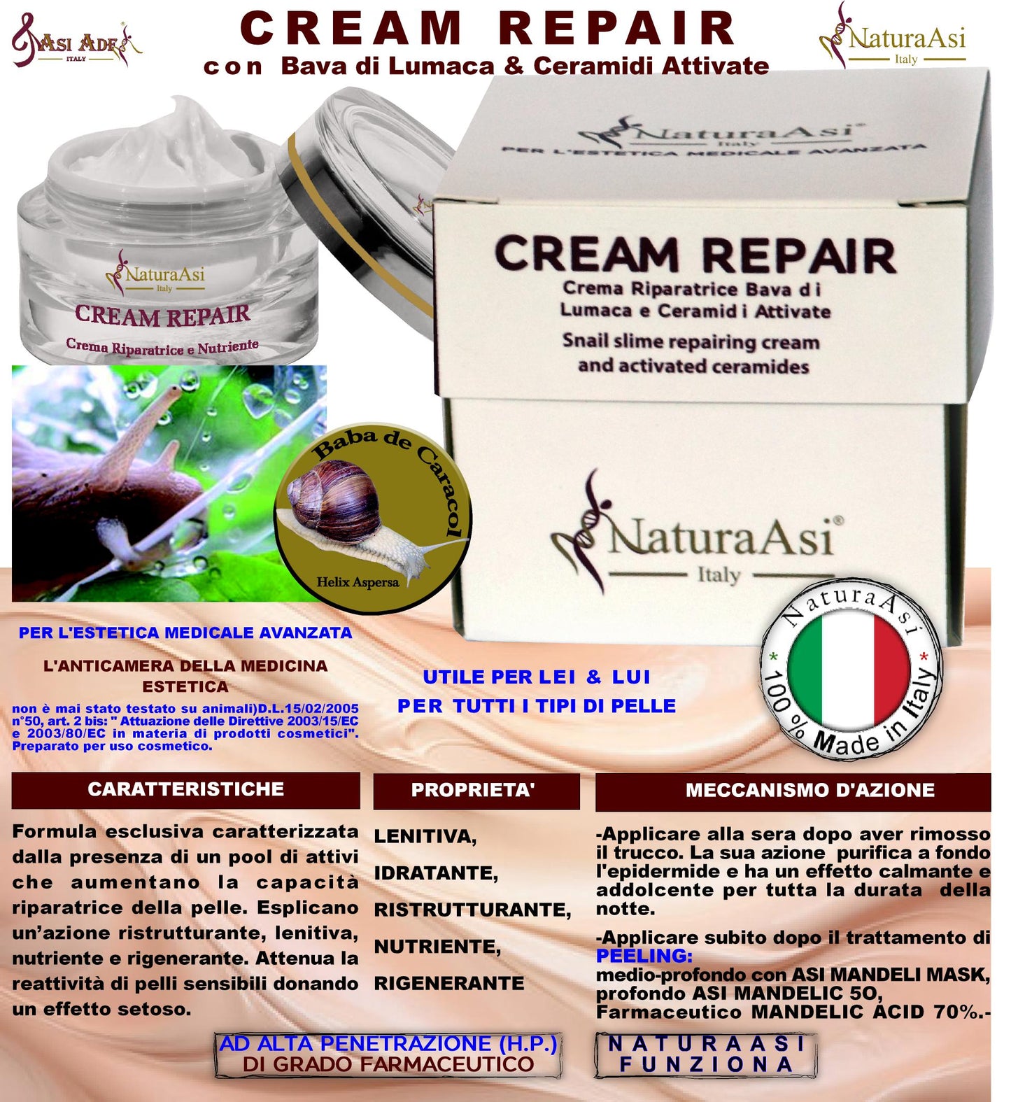 ASI CREAM REPAIR | NaturaAsi™  ml 50 emolliente, idratante, lenitive, Pelle ristrutturata, riparata e tonificata;-Contiene attivi in grado di stimolare la sintesi di collagene ed elastina nella matrice extracellulare.