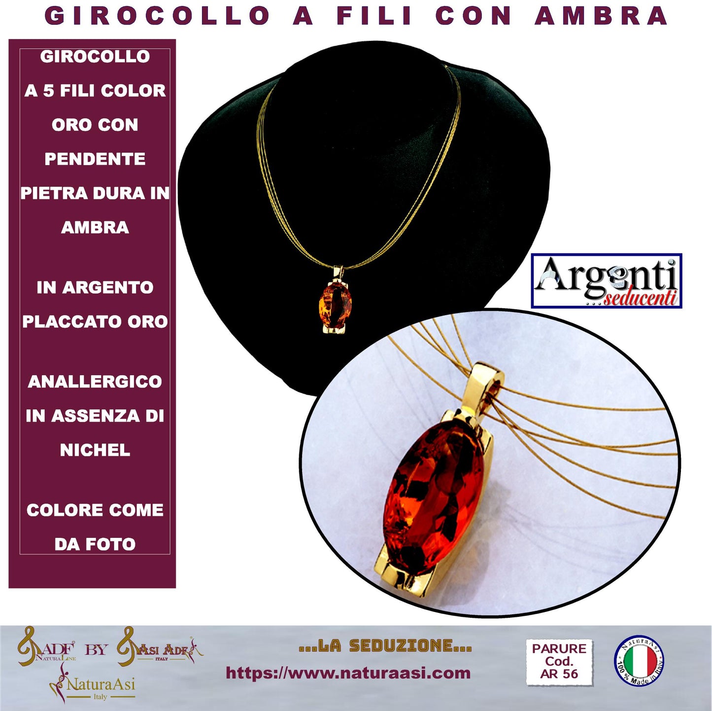 AR GIROCOLLO  A 5 FILI IN ARGENTO 925/1000 PLACCATO IN ORO CON PENDENTE  PIETRA DURA IN AMBRA