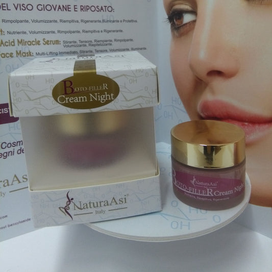 BOTO-FILLER CREAM NIGHT | NaturaAsi™ ml 30 Rigenera e Nutre in profondità Riempie le rughe e le linee sottili Migliora il tono, l’idratazione e l’elasticità cutanea -Possiede un effetto Rimpolpante e Volumizzante;